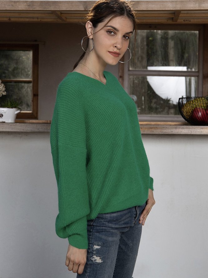 Grün Paneeliert Lässig Unifarben Baumwollmischung Pullover