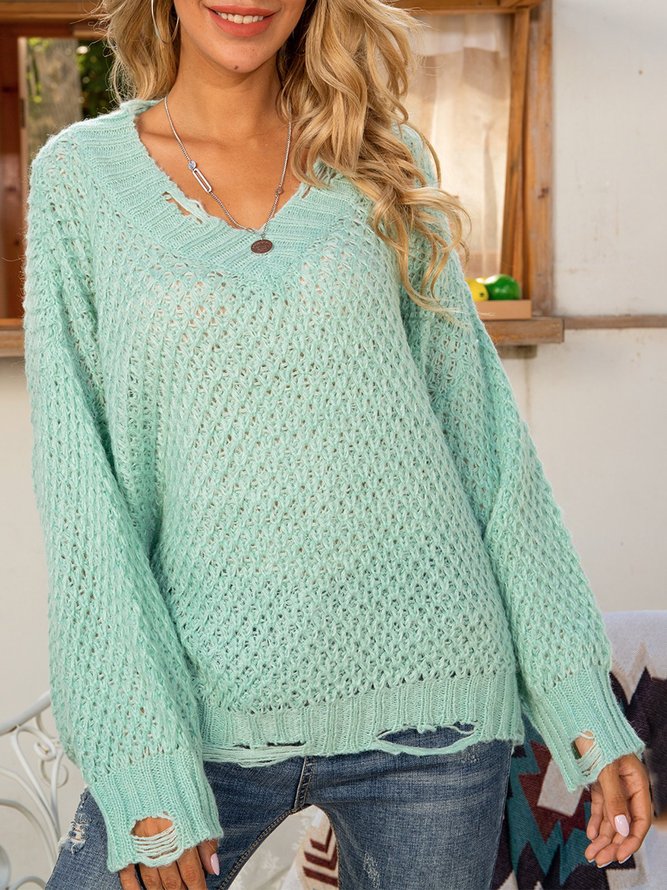 Grün Paneeliert Lässig Baumwollmischung Unifarben Pullover