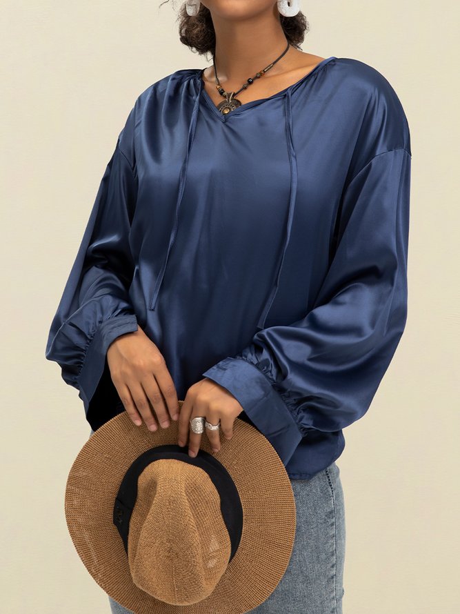 Dunkelblau Lässig Paneeliert V-Ausschnitt Baumwollmischung Blusen & Shirts