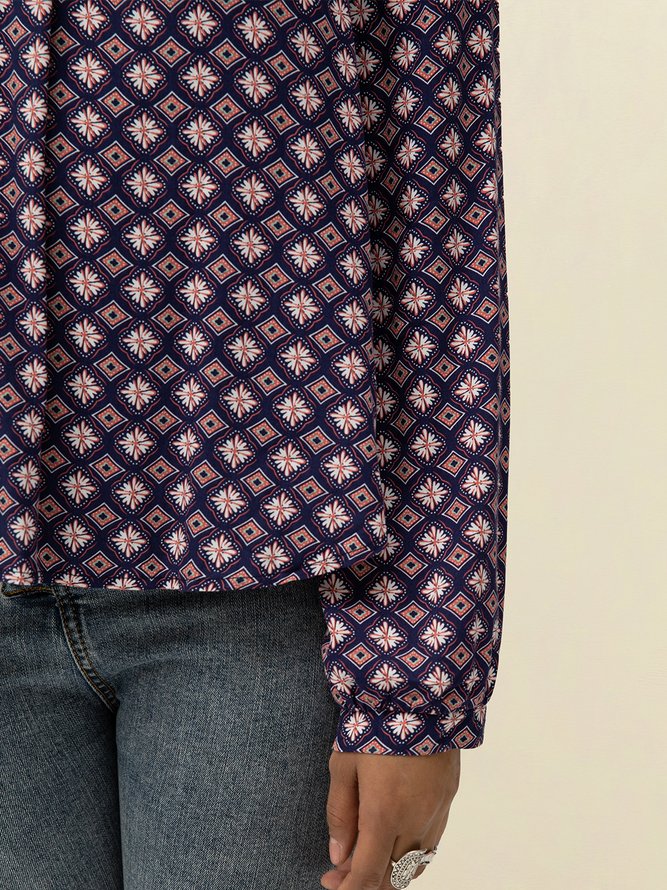 Blau Paneeliert Baumwollmischung Geometrisch Langarm Blusen & Shirts