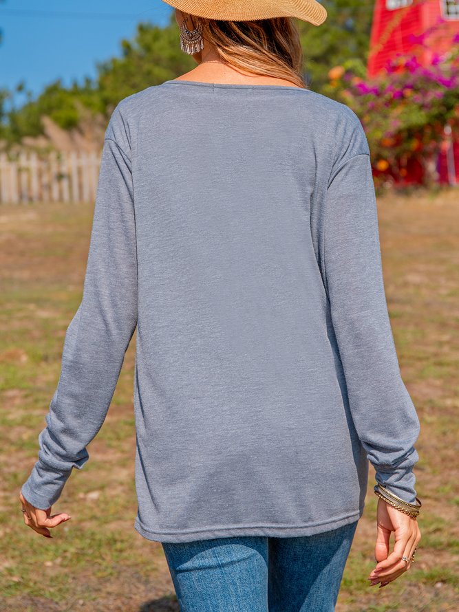 Langarm V-Ausschnitt Baumwollmischung Unifarben Blusen & Shirts