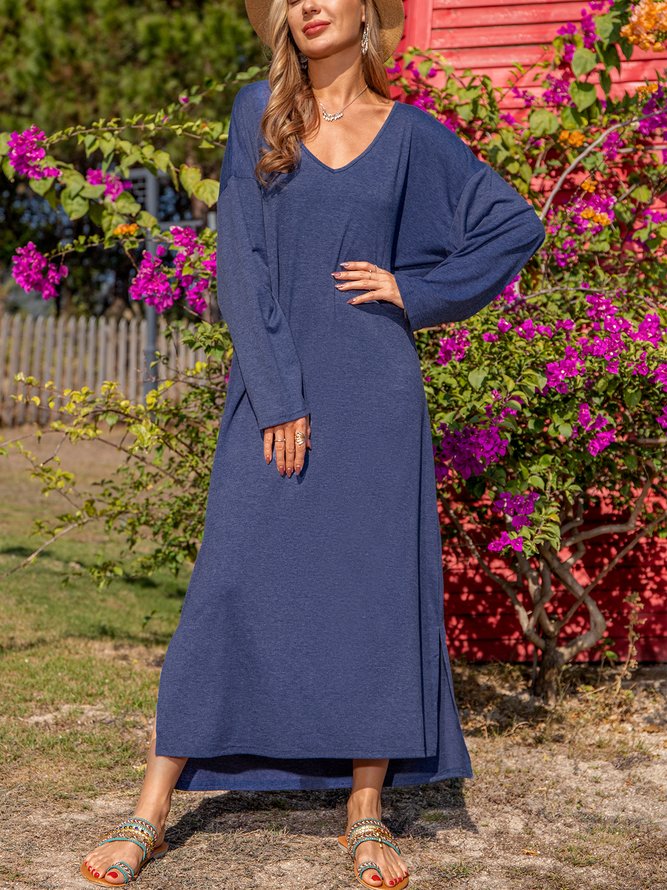 Blau Baumwollmischung Normal Langarm Kleider