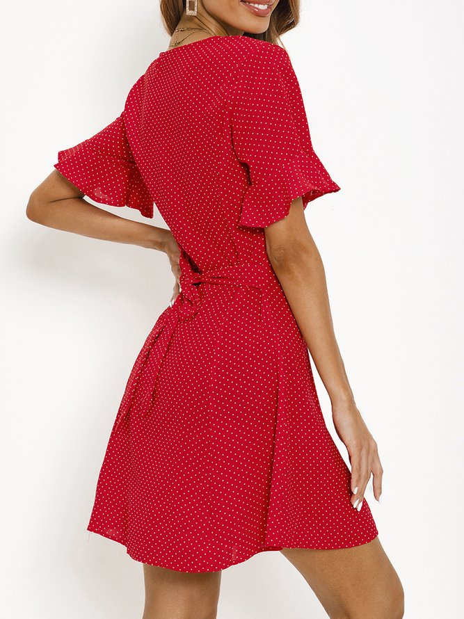 Rot V-Ausschnitt Retro Rüschenärmel Polka Dots Kleider