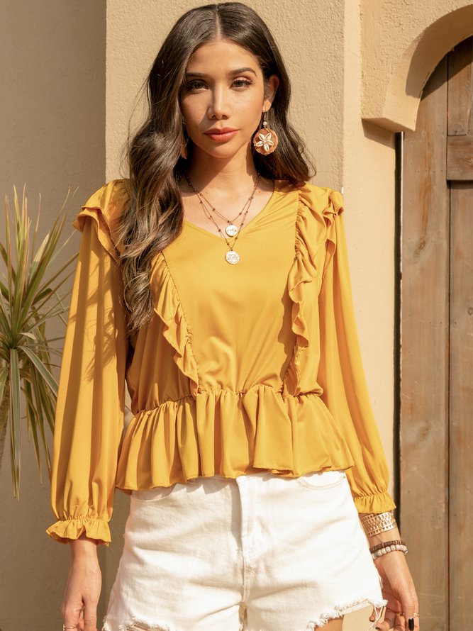 Gelb Baumwollmischung Langarm Blusen & Shirts