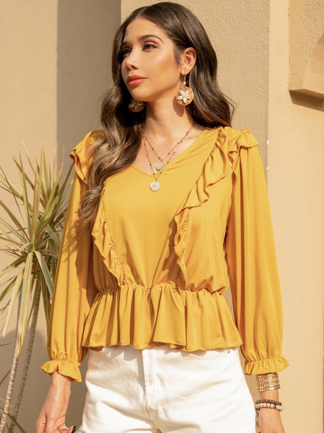 Gelb Baumwollmischung Langarm Blusen & Shirts