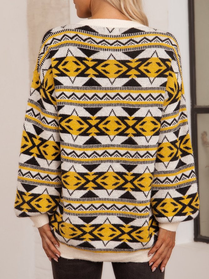 Gelb Langarm Rundhals Geometrisch Baumwollmischung Pullover