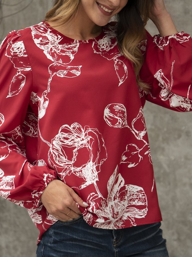 Rot V-Ausschnitt Lässig Print Baumwollmischung Blusen & Shirts