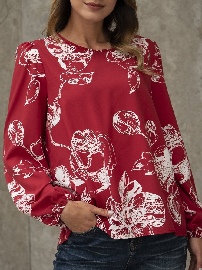 Rot V-Ausschnitt Lässig Print Baumwollmischung Blusen & Shirts
