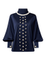 Satin Elegant Unifarben Nachgemachte Perlen Mock Neck Ballon-Ärmel Bluse