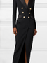 Schick Elegant Schwarz Anzugkleid mit Revers Langarm Einfarbig Regelmäßige Passform