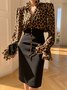 Elegant  Leopard Regelmäßige Passform Volant Bluse