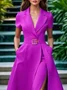 Elegant Unifarben Reverskragen Kurzarm Kleid mit Gürtel