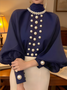 Satin Elegant Unifarben Nachgemachte Perlen Mock Neck Ballon-Ärmel Bluse