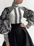 Urban Zufälliger Druck Print Rollkragen Ballon-Ärmel Bluse
