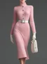 Elegant Unifarben Geknöpft Rollkragen Pullover Knielänge Kleid mit Gürtel