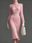 Elegant Unifarben Geknöpft Rollkragen Pullover Knielänge Kleid mit Gürtel