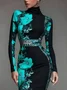 Elegant Geblümt Print Stehkragen Midikleid