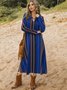 Blau Langarm Baumwollmischung V-Ausschnitt Kleider