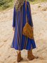 Blau Langarm Baumwollmischung V-Ausschnitt Kleider