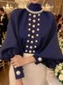 Satin Elegant Unifarben Nachgemachte Perlen Mock Neck Ballon-Ärmel Bluse