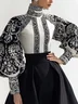 Urban Zufälliger Druck Print Rollkragen Ballon-Ärmel Bluse