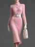 Elegant Unifarben Geknöpft Rollkragen Pullover Knielänge Kleid mit Gürtel
